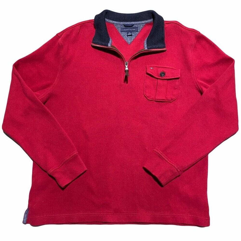 Tommy Hilfiger Sweater Men's Large Pullover Red With Front Pocket 1/4 Zip